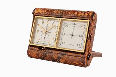 Orologio da viaggio con svegliarino, calendario e barometro, Ottone dorato, Anni '50