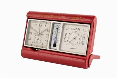 Orologio da viaggio con svegliarino, calendario, termometro e barometro, anni ‘50