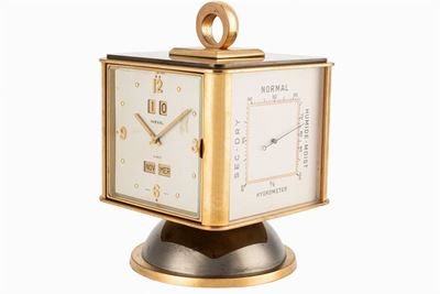 Orologio da tavolo con calendario, termometro, igrometro e barometro, anni '60, ottone dorato