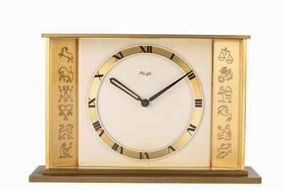 Orologio da tavolo a tema zodiaco, ottone dorato, anni '60