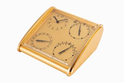 Orologio da tavolo con svegliarino, data, barometro e termometro, anni '60