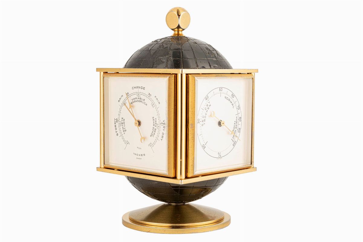 Imhof per Bucherer, Orologio da tavolo con svegliarino, data, termometro, igrometro e barometro, ...