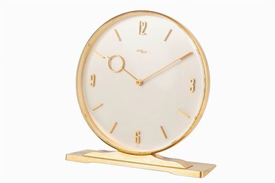 Orologio da tavolo, anni '60, cassa rotonda in ottone dorato