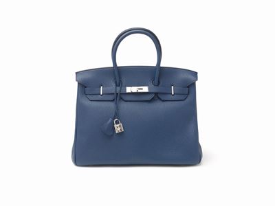 Borsa Birkin 35 cm in pelle taurillon clemence color blu di Malta