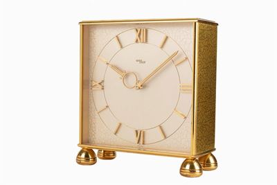 Orologio da tavolo, anni '60, cassa in ottone dorato con finitura a mosaico
