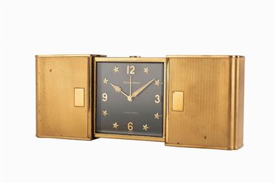 Orologio da viaggio 'Pullman' con svegliarino, ottone dorato, anni '60
