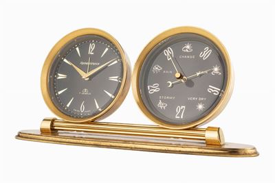 Orologio da tavolo con svegliarino e barometro, ottone dorato, anni '60