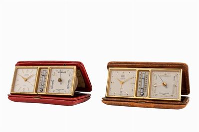 Lotto di due orologi da viaggio Looping con svegliarino, termometro e barometro, anni '50