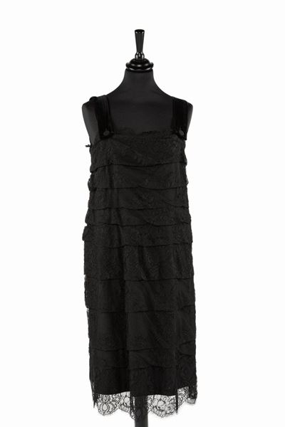 Abito corto da sera in pizzo nero con spalline in velluto, taglia 40