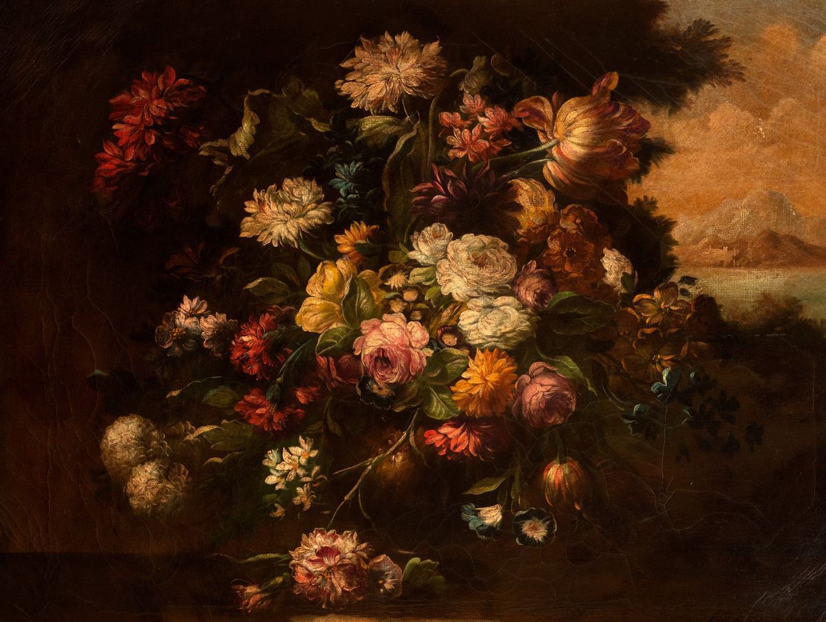 Scuola Italiana - Due nature morte con trionfo di fiori, olio su tela