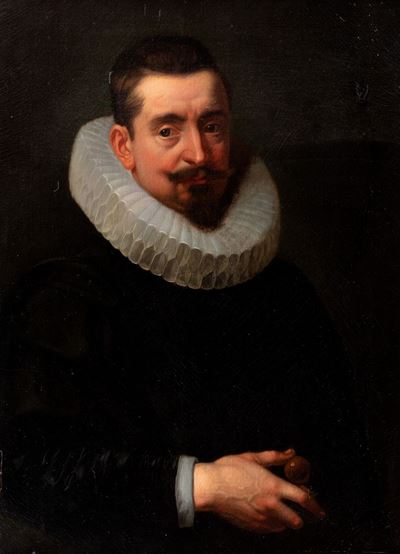 Scuola olandese del XVII secolo, Ritratto di gentiluomo a mezzo busto con gorgiera, olio su tela
