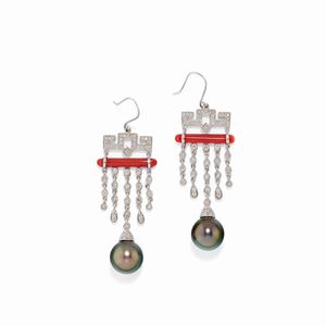 A 18K white gold, pearl, coral and diamond earrings
