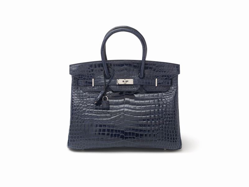 Sold at Auction: Hermes Birkin 35 Bag, Blue Sapphire Porosus Crocodile,  Gold Hardware New