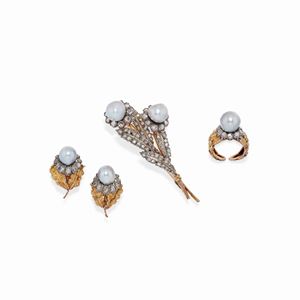 A 18K yellow gold, silver, diamond and baroque pearl parure, Buccellati