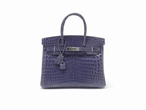 Sold at Auction: Hermes Blue Brighton Porosus Crocodile Birkin 35