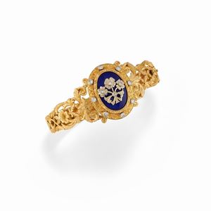 A 18K yellow gold diamond and enamel bangle, circa 1950