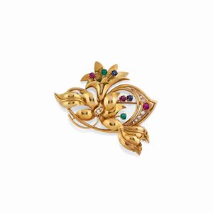 A 18K yellow gold, ruby, emerald, sapphire and diamond pendant-brooch, Italy, circa 1960