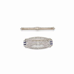 Two 18K and 14K white gold, diamonds and sapphires brooches