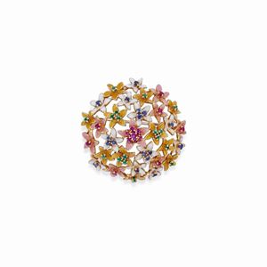 A 18K yellow gold, colored gemstones and enamel brooch, Italy, circa 1960