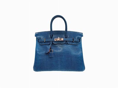 Borsa Birkin, 25 cm in pelle di lucertola Niloticus, color blu Mykonos, 2012