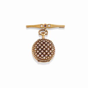 A 18K yellow gold, ruby and micropearls brooch with watch
