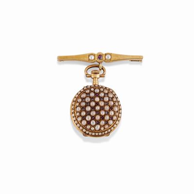 Spilla con Orologio, Rubini e Microperle