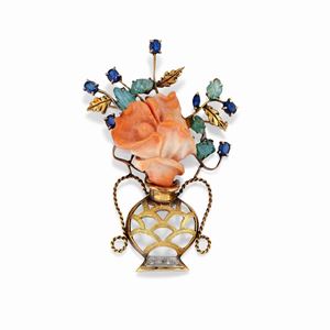 A 18K yellow gold, coral, sapphire and emerald brooch, circa 1970