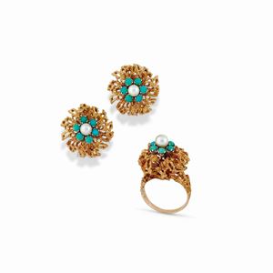 A 18K yellow gold, turquoise and cultured pearl demi-parure, ring and earrings, circa 1960