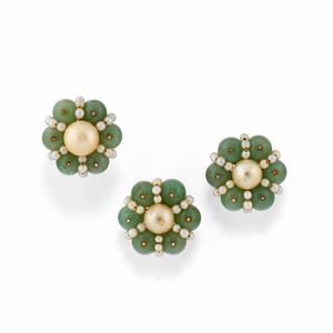 A 18K yellow gold, color stones and cultured pearl demi-parure, ring and earrings, circa 1960