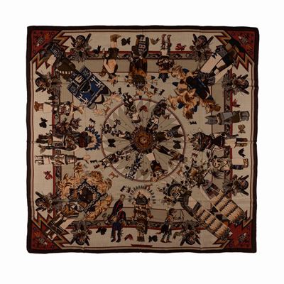 Olivier Kermit, Grand foulard Kachinas, seta e cachemire, 1992, cm 130 x 130