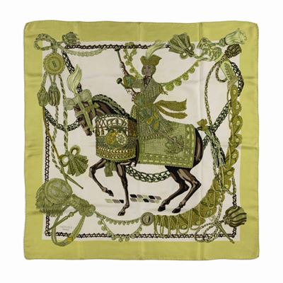 Foulard Le Timbalier, Seta su fondo color panna con bordo verde mela, 1961