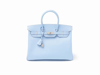 Borsa Birkin, modello Candy 35 cm in pelle espom celeste con dettagli in palladio