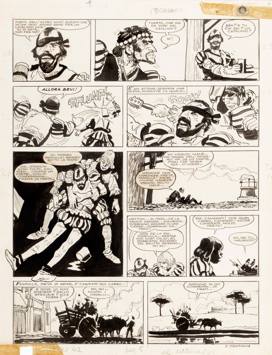 Hugo Pratt - Le avventure di Fanfulla - Lotto composto da 11 tavole, matita e china su cartoncino
