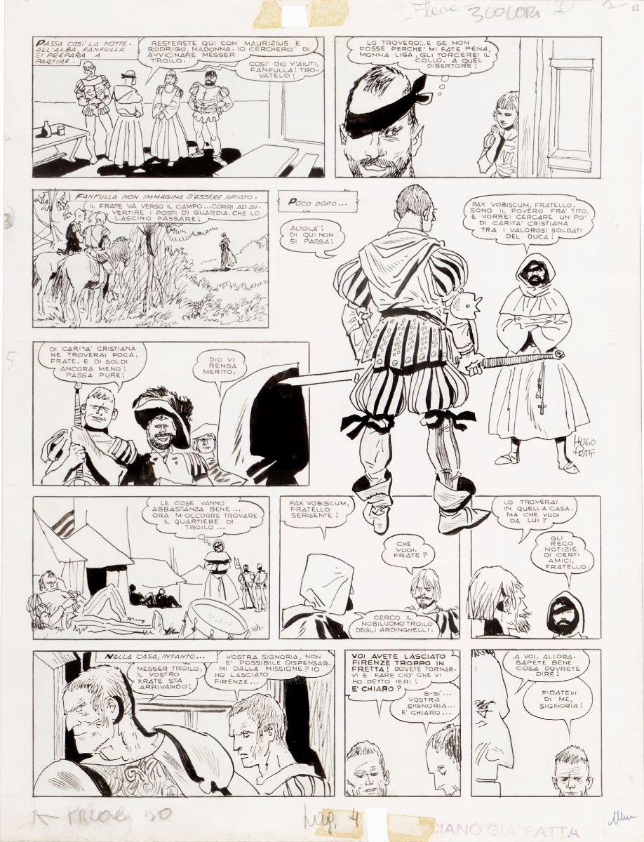 Hugo Pratt - Le avventure di Fanfulla - Lotto composto da 11 tavole, matita e china su cartoncino