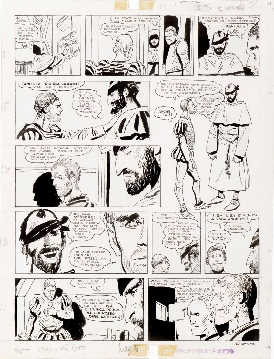 Hugo Pratt - Le avventure di Fanfulla - Lotto composto da 11 tavole, matita e china su cartoncino