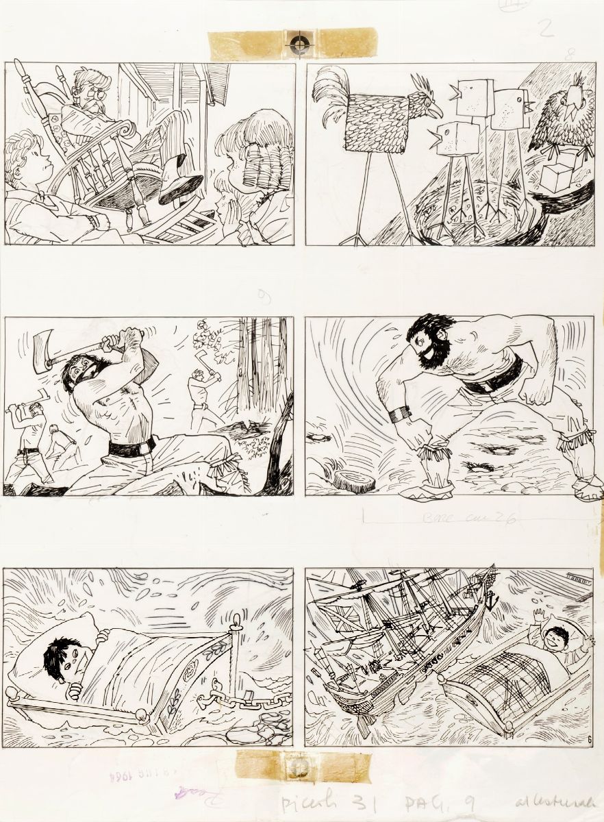 Hugo Pratt - Il favoloso West: I giganti burloni, 1964, matita e china su cartoncino