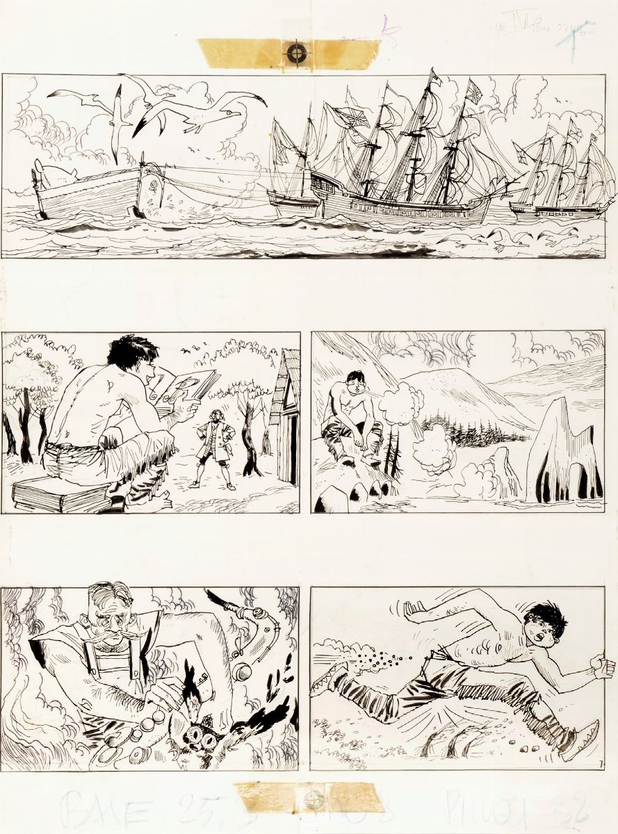 Hugo Pratt - Il favoloso West: I giganti burloni, 1964, matita e china su cartoncino