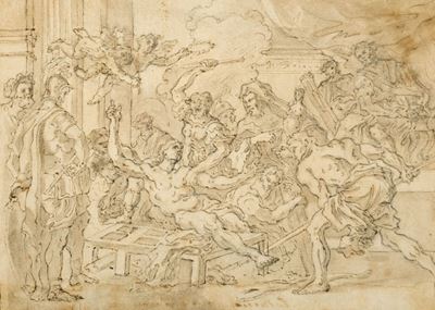 Anonimo, Martirio di San Lorenzo, matita grigia e inchiostro bruno acquerellato su carta