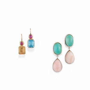 A couple of 18K two-color gold, turquoise, quartz, topaz and red gemstone earrings