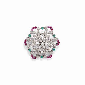  - A 18K white gold, ruby, emerald and diamond brooch