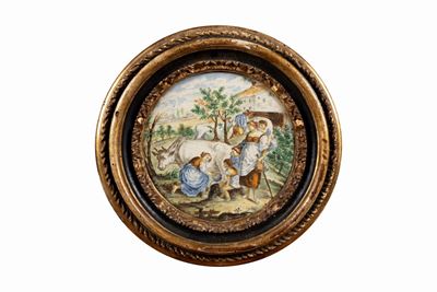 Ceramisti di Castelli, Due formelle in ceramica policroma raffiguranti Scena campestre e il Ratto...