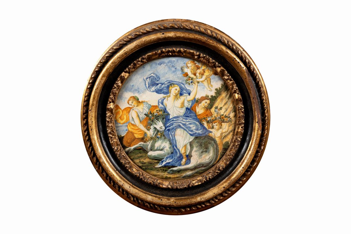 Ceramisti di Castelli, Due formelle in ceramica policroma raffiguranti Scena campestre e il Ratto...