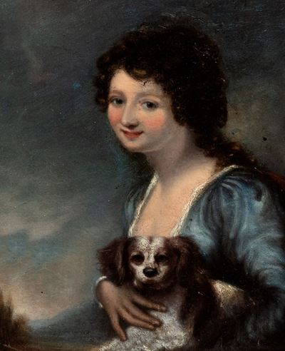 Ritratto di gentildonna con cagnolino, olio su tavola