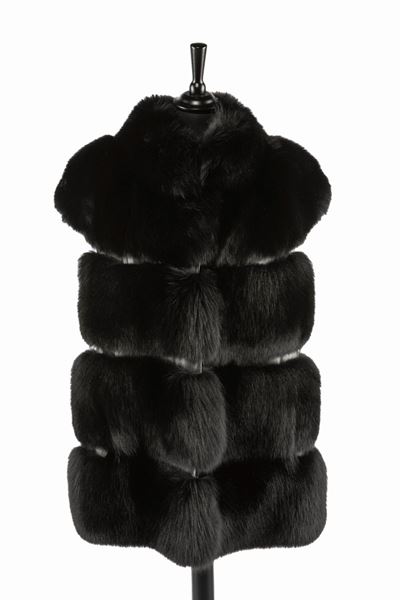 Gilet lungo in pelliccia di volpe nera con inserti in pelle