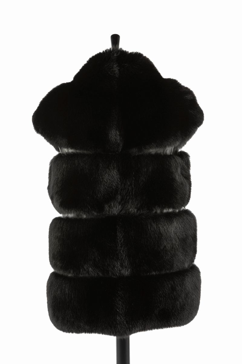 Gavazzi Furrures - Gilet lungo in pelliccia di volpe nera con inserti in pelle