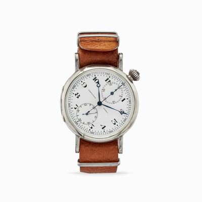 Cronografo oversized degli anni '30, argento, quadrante in smalto bianco