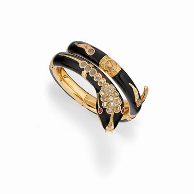 Bracciale con Diamanti, Rubini e Smalto Nero