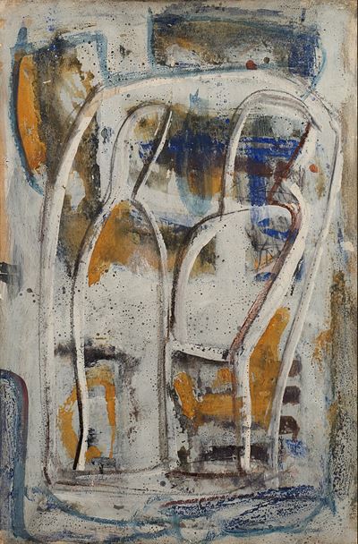 Composizione con due figure, tempera diluita e matita grassa su carta applicata su tela