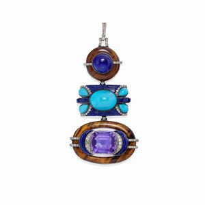 A 14K white gold, silver, turquoise, lapislazuli, tiger's eye and amethyst pendant