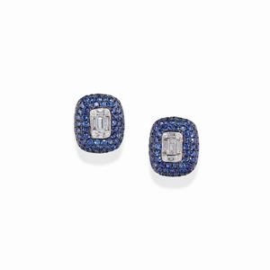  - A 18K white gold, brunished gold, diamond and sapphire earrings